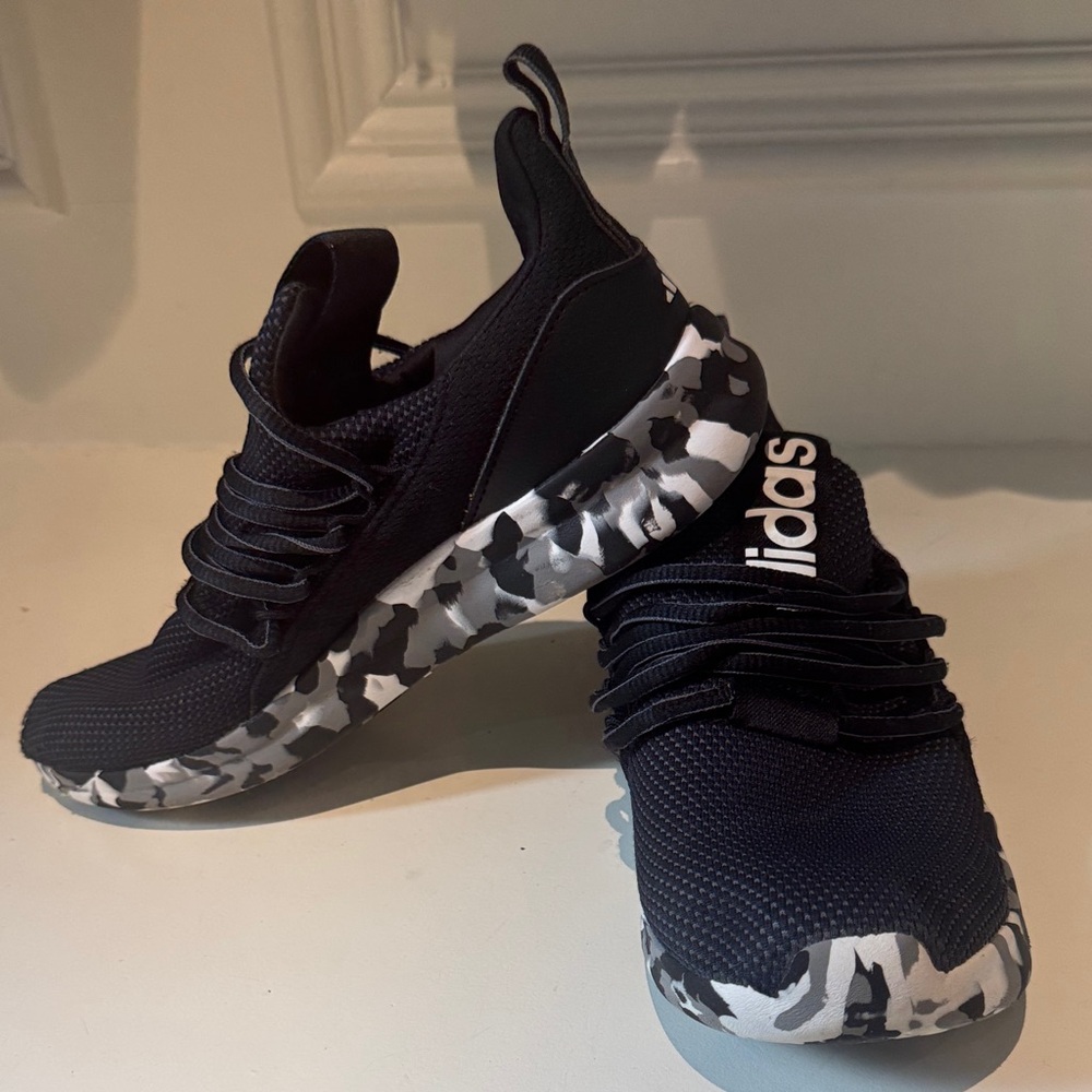 adidas Kids Black Sneakers with Gray & White Camo Sole